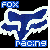 Animated sequence showing four variations of a fox head logo: blue and white with 'FOX racing' text, black outline on white background, red and white striped pattern, and white outline on black background.