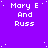 Purple background with white pixelated text 'Mary E And Russ' repeated in a pattern, scattered small white dots resembling stars