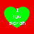 Four green heart-shaped icons with white text "I luv sarah" on a red background, arranged in a
