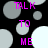 Black background with scattered gray and white circles; purple text "TALK TO ME TALK TO ME" arranged vertically in two