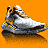 Pixelated sneakers in white, blue, red, and green on orange background with gray