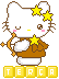 Pixel art Hello Kitty avatar with brown outfit, yellow stars, and bow, holding a bow and arrow, standing on a white base with yellow text blocks below.