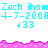 Pixelated cyan text repeats 'Zach ilysm 4-7-2008' with '<33' below, bordered by pink jagged lines on white background.