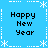 Blue background with white snowflake and dotted line border, four identical 'Happy New Year' text blocks in black pixelated font.