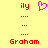 Yellow background with red text 'ily' above dotted lines and the name 'Graham', flanked by a pink heart icon in the center.