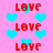 Red pixelated text 'LOVE' repeated across a pink background with scattered blue heart shapes.