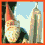 Pixelated gnome with red hat and white beard appears in multiple cityscape backgrounds including Empire State Building, Eiffel Tower, and St. Basil's Cathedral.