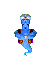 Blue genie-like figure with brown vest and gold accents, wearing a crown, in four distinct poses against gray background.