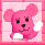 Pixelated pink cartoon animal with large ears and black eyes holds white cloud-like object against pink background