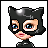 Pixel art of a character with blue eyes, black cat-eared mask, and black bodysuit, shown in three with text below