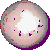 Nine circular icons with light pink and gray gradients, each containing a white abstract shape with scattered dark purple pixels, arranged in a with one missing in the bottom right