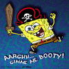 Yellow sponge character in pirate attire holding a sword, standing on blue background with text below.