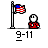 A 5x4 contact sheet of 20 animated frames showing a pixelated character in red clothing standing next to an American flag, with the text "9-11" below each frame.