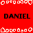 Red background with black text "DANIEL" repeated three times in top and two times in middle , surrounded by white pixelated border elements