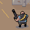 Pixel art character in dark uniform with yellow and blue accents holding a long black object, standing on brown background with gray structure above.