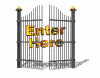 Animated sequence of a black metal gate opening and closing with 'Enter Here' text in yellow-orange gradient on white background.