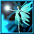 Pixelated static icon of a fairy-like figure with outstretched arms against a dark background featuring a bright moon and blue-tinted surroundings.
