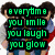 Pixelated image of three young men in casual clothing with green text overlays reading "everytime you smile you laugh you glow" and "you dont even know", plus names "nick joe kevin-jabro!".