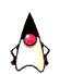 Animated character with black triangular head, red circular eye, and white body performing sequential hand gestures.