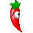Pixelated red chili pepper with green stem, featuring a single large white eye with black pupil and gray shading, set against solid gray background.