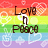 Rainbow striped background with heart and peace sign motifs, text 'Love n Peace' and 'Rachel' in pixelated font, animated heart and peace sign elements.