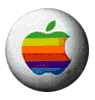 A circular icon with a rainbow-colored Apple logo featuring a bite mark, green leaf, and horizontal stripes in green, yellow, orange, red, purple, and blue on a white background.
