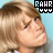 nine pixelated images showing a person with light brown hair against a blue background, each containing text and heart symbols