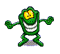 Green cartoon character with yellow eyes and white teeth in multiple animated poses against gray background.