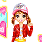 Pixel art character in red jacket and pink cap with 'AIS' text, waving hand against heart-shaped background.