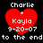 Four identical pixelated red heart icons with white text 'Charlie + Kayla 9-20-07' and 'to the end to the end' on black background, arranged in two of two