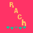 Pixelated yellow text 'RACH' on pink background with green and gray star-like shapes below, two versions differ in star arrangement.