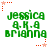 Green pixelated text reading "jessica a.k.a brianna" on white background with red star and dot corner markers.