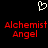 Pixelated red text reading 'Alchemist Angel' on a black background with a white heart outline above.