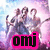 Pixelated image shows three figures with question marks above their heads against a pastel gradient background, overlaid by bold pink and black text "omj".