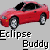 Red sedan car icon with black roof and silver wheels, positioned above pixelated text reading 'Eclipse Buddy' on gray background.