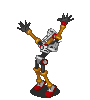 Animated pixel art of a robotic figure with orange limbs and red accents performing actions including raising arms, emitting blue circular energy effects, and firing projectiles.