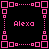 Pixelated pink with repeating "Alexa" text on black background, featuring dotted and solid square patterns in a structured layout