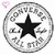 Circular grayscale icon with a central black star surrounded by pixelated text and a small pink heart in the top-left corner.