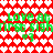Green pixelated text 'Love at first sight' repeats across a red and white heart-patterned background with two small green hearts.