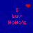 Blue background with red pixelated text 'I Luv HoHo's' and four distinct animated symbols: a heart, starburst, dots, and another starburst.