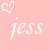 Pink background with white text 'jess' and various heart-shaped icons in different positions.