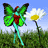 Pixelated green butterfly with red center and cyan tail stands beside white daisy with yellow center against blue sky and grassy field.