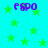 Cyan background with scattered green stars and four instances of purple pixelated text reading 'FSPO' in a pattern