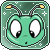Green cartoon insect head with large white eyes and black pupils, two antennae with yellow tips, small mouth, on a green background with white sparkles.