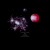 Pixelated space scene with nebula, three celestial bodies on black background.