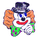 Pixelated clown avatar with orange ruffled sleeves, green polka-dot pants, blue bow tie, and black top hat, showing two hand positions.