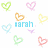 Pixelated heart-shaped icons in pastel colors surround text reading 'sarah', 'and olivia', and 'best friends' on a white background.