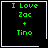 Four identical black square with green text reading "I Love Zac + Tino" and white borders, each containing a distinct small symbol in the corner