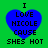 Four identical blue heart-shaped icons with black text on a green background, each displaying 'I LOVE NICOLE CAUSE SHES HOT' in pixelated font.