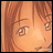 A 48x48 pixel animated buddy icon featuring a close-up of an anime-style character's face on the left and text elements on the right against a black background.